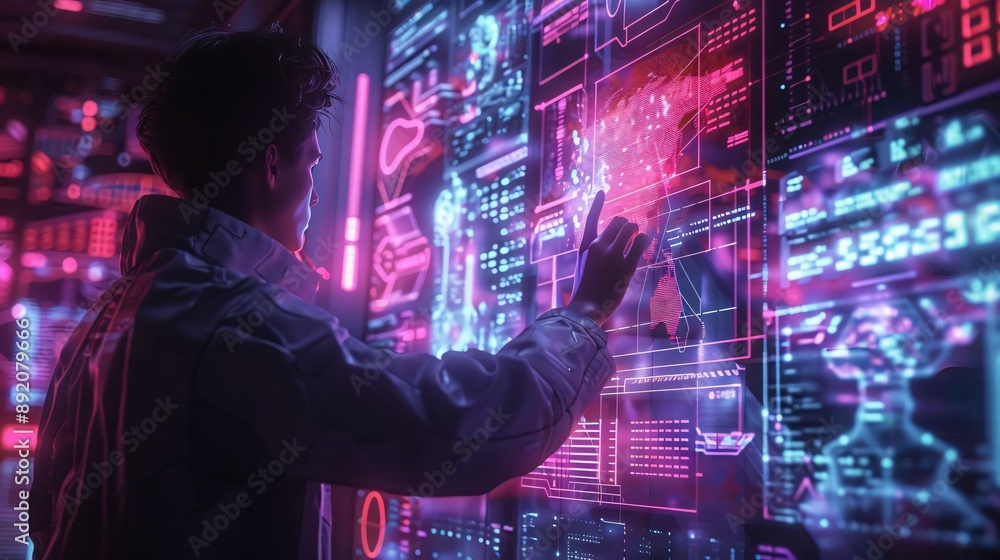 Poster a person interacts with a high-tech digital interface, showcasing vibrant holographic data in a futu