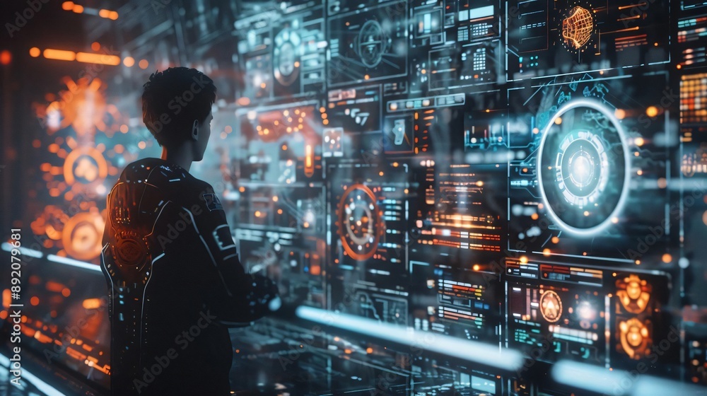 Poster a person interacts with a futuristic digital interface, showcasing advanced technology and data visu
