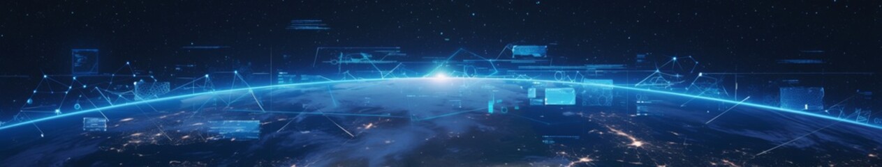 Obraz premium Astronomical Communication: A Blend of Digital and Astronomical Elements with Global Connectivity, Featuring North America as a Canvas of Interwoven Satellite Orbits and Communication Signals