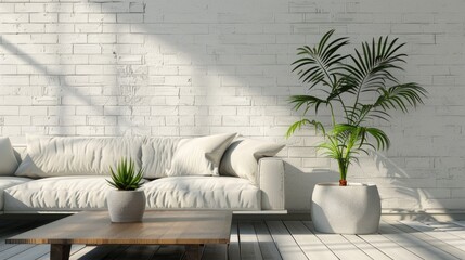 Home plant on coffee table in loft style interior with white brick wall Ideal for design