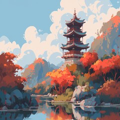 Obraz premium Chinese Landscape Vector Illustration: High-Definition Background with Crystal Clarity and Exceptional Quality