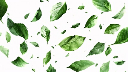 3. Realistic depiction of numerous green leaves flying freely against a white background, showcasing the delicate veins, varied shapes, and subtle color gradients of each leaf in fine detail