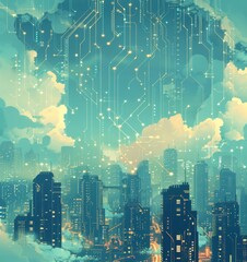 Obraz premium Futuristic Smart Cyber City illustration: Innovative Urban Landscape, futuristic technology and cyber punk concept, Graphic Resources, Wallpapers, Brochure, Websites, banner, Advertising, background
