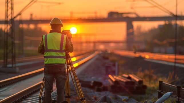 Engineer uses geodetic Explore the railway tracks Parallel to the elevated bypass, sunset
