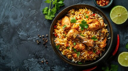 Indian Chicken Biryani in Bowl Top View Copy Space