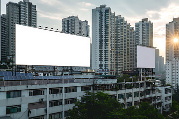 Obraz premium Two blank billboards on an urban rooftop with solar panels, surrounded by high-rise buildings at sunset.