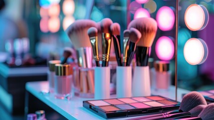 Makeup brushes and cosmetics displayed on table