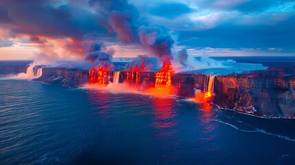 A waterfall with lava flowing out of it.