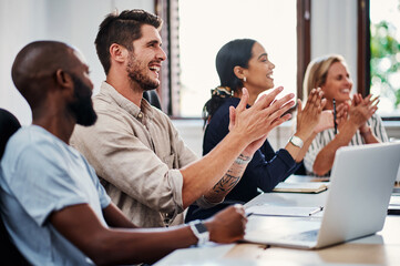 Office, meeting and business people at seminar with applause for project development, promotion or...