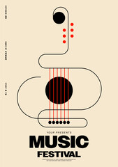Acoustic guitar minimal geometric black line vintage retro style. Music festival poster template design background