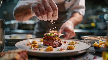Chef Garnishing Gourmet Steak Dish in Professional Restaurant Kitchen
