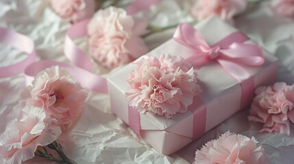 2. A beautifully wrapped gift box with a pastel pink ribbon, nestled among soft pink carnations on a textured, crumpled paper background, evoking a sense of elegance and charm