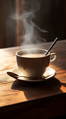 Serene Morning Scene with Hot Coffee Cup and Spoon on Rustic Wooden Table