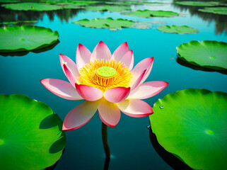 A serene lotus flower in full bloom floats on a calm pond, surrounded by green lily pads. The...