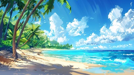 5. A beautiful tropical beach lined with palm trees, soft white sand, and inviting blue waters, bathed in warm sunlight, perfect for a summer vacation