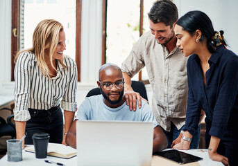Planning, support and business people with laptop, creative solidarity and diversity at tech...