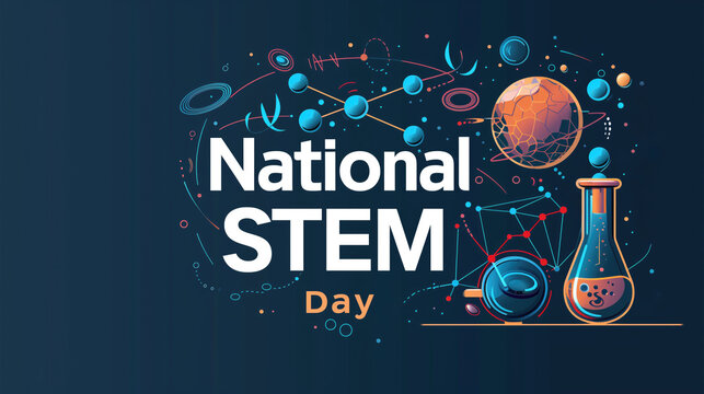 National STEM Day with scientific icons of molecules, chemistry equipment, and space elements. Education, science, technology, engineering, math, awareness, celebration, learning.