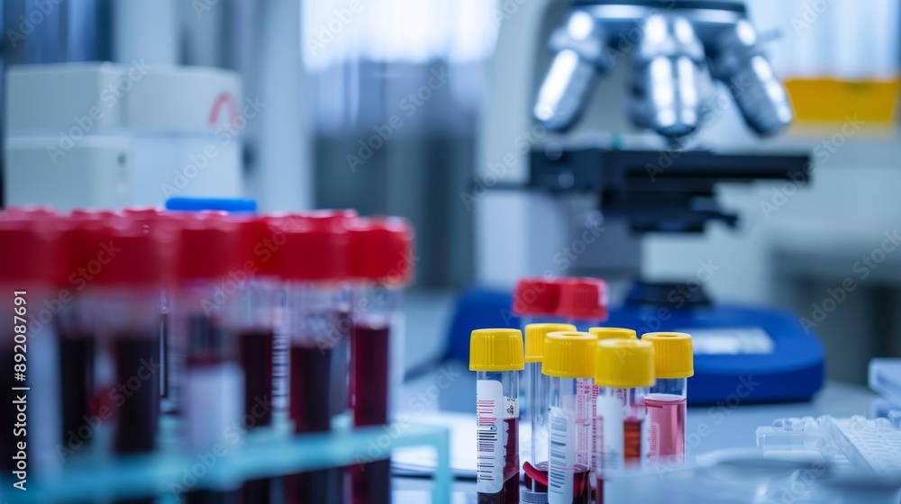 Poster close-up of a blood sample being tested for hiv in a lab with scientific equipment in view
