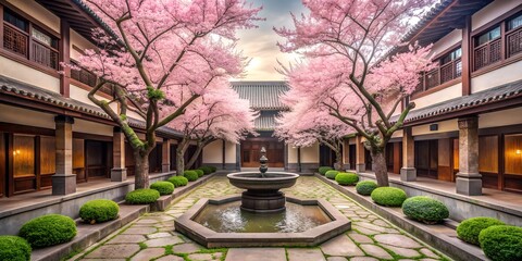 Obraz premium Ancient Courtyard with Cherry Blossom Trees and Fountain AI-Generated Content