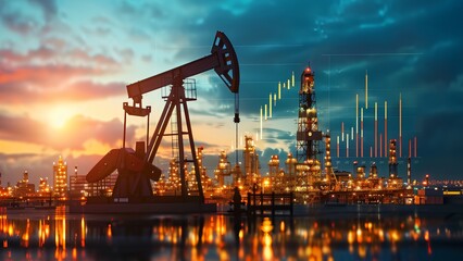 Obraz premium An oil pumpjack operating near a refinery at sunset, with illuminated infrastructure and digital financial graphs, symbolizing energy production and market analysis.