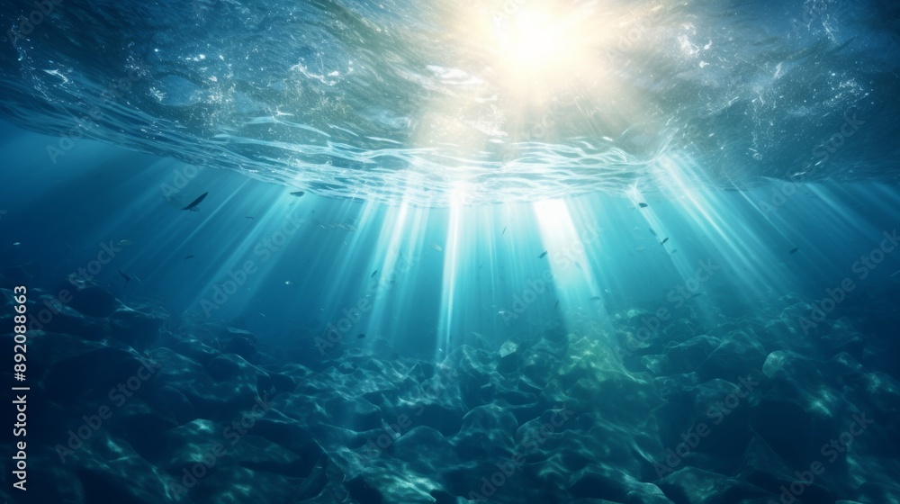 Aufkleber deep ocean from beneath surface, sunlight breaking through
