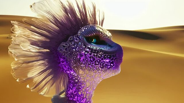 A closeup of a unique creature with iridescent purple skin and delicate ethereal features set against a backdrop of golden sand dunes on an alien planet.