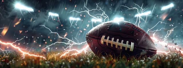 American football on wet grass with dramatic lightning and dark sky in the background. Sports events promotion, weather impact on games, dramatic sports scenes, athletic themes.
