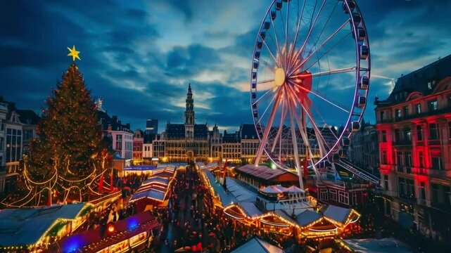Enchanting View of Brussels' Bustling Christmas Market with Illuminated Ferris Wheel