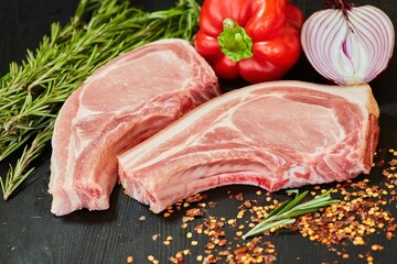 Pieces of raw meat lie on a dark surface surrounded by vegetables and spices. Meat production