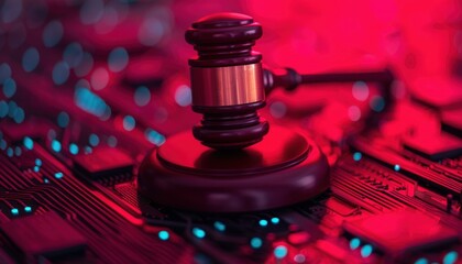 A striking gavel placed on a futuristic circuit board, symbolizing the intersection of law and technology.