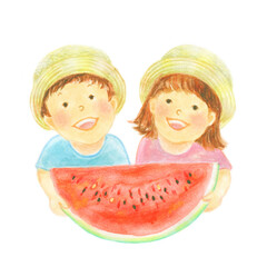 スイカを持つ子供たち　手描き