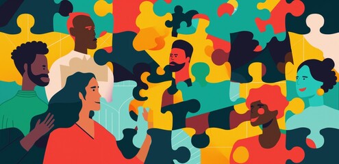 Diverse group of people interacting through colorful puzzle pieces representing unity and collaboration. Team building, social connection, inclusivity, diversity, teamwork concept.