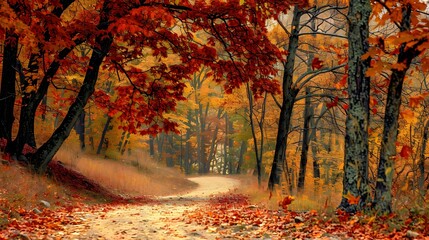 Winding Path Through Vibrant Autumn Forest with Red and Gold Foliage