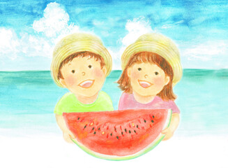 海でスイカを持つ子供たち　手描き