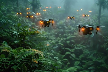 Swarm of drones patrolling a jungle.