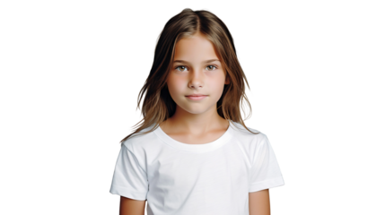 Portrait of a smiling little girl in white t-shirt with long brunette hair, studio photo, isolated on transparent background