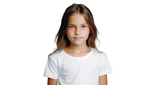 Portrait of a smiling little girl in white t-shirt with long brunette hair, studio photo, isolated on transparent background