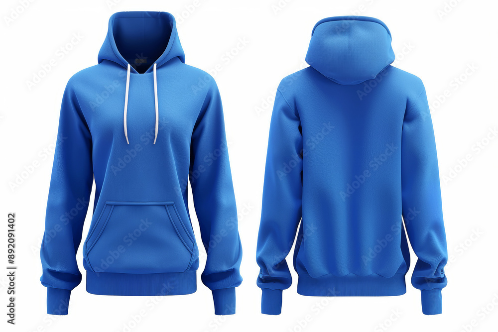 Wall mural Woman's blue hoodie sweatshirt front and back view on white background.  Cloth Mockup