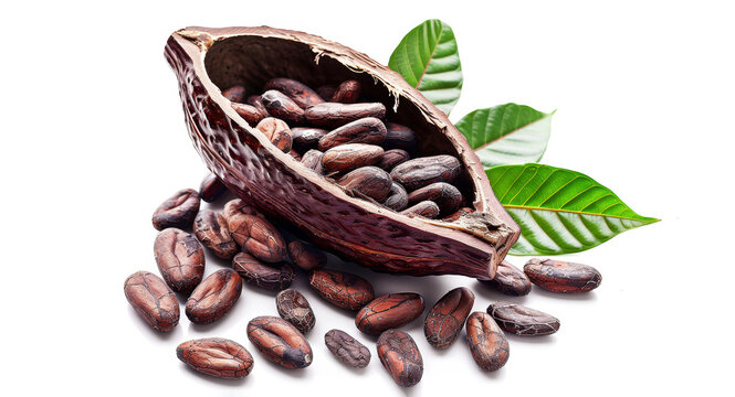 Cocoa beans in pod and leaves  on a white background. Tropical fruit. Banner