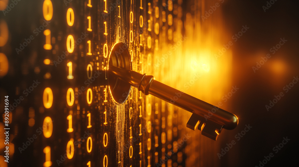 Aufkleber a close-up of a key entering a lock, symbolizing security, with a background of binary code. natural