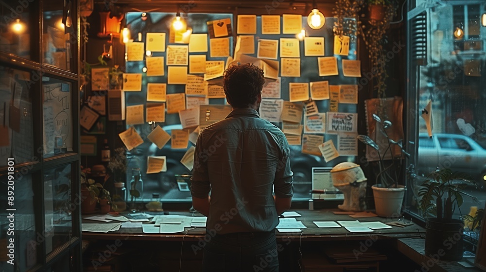 Poster man analyzing ideas on sticky note wall. man stands in front of a window covered in sticky notes, an