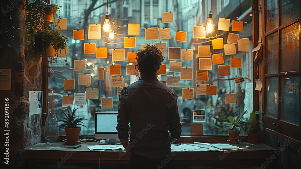 Poster man in cozy workspace with sticky notes. man works in a cozy, plant-filled workspace, analyzing stic