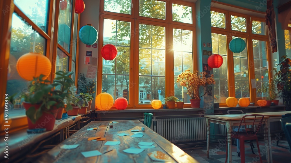 Poster bright workspace with paper lanterns. bright, plant-filled workspace decorated with colorful paper l