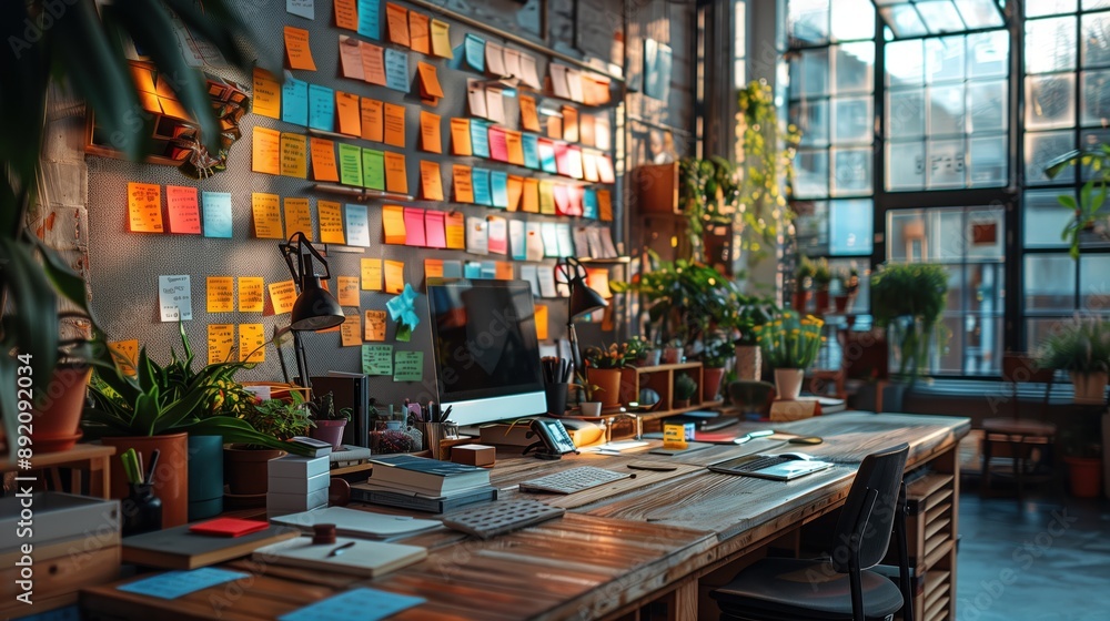 Poster organized desk with colorful sticky notes. tidy desk in a bright workspace, covered with colorful st