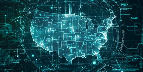 Fototapeta premium Digital Fortress: The United States Cybersecurity Network, A Shielded Map of America with Secure Communication Channels for a Safe and Protected Digital Environment.