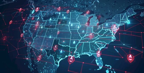 Digital Guardians: Protecting National Data Assets with a Vigilant Cybersecurity Presence on a United States Map.