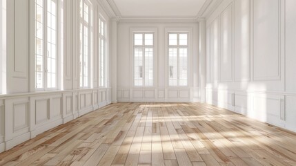 Obraz premium Renovated white room with windows and hardwood floor New apartment available to rent or buy