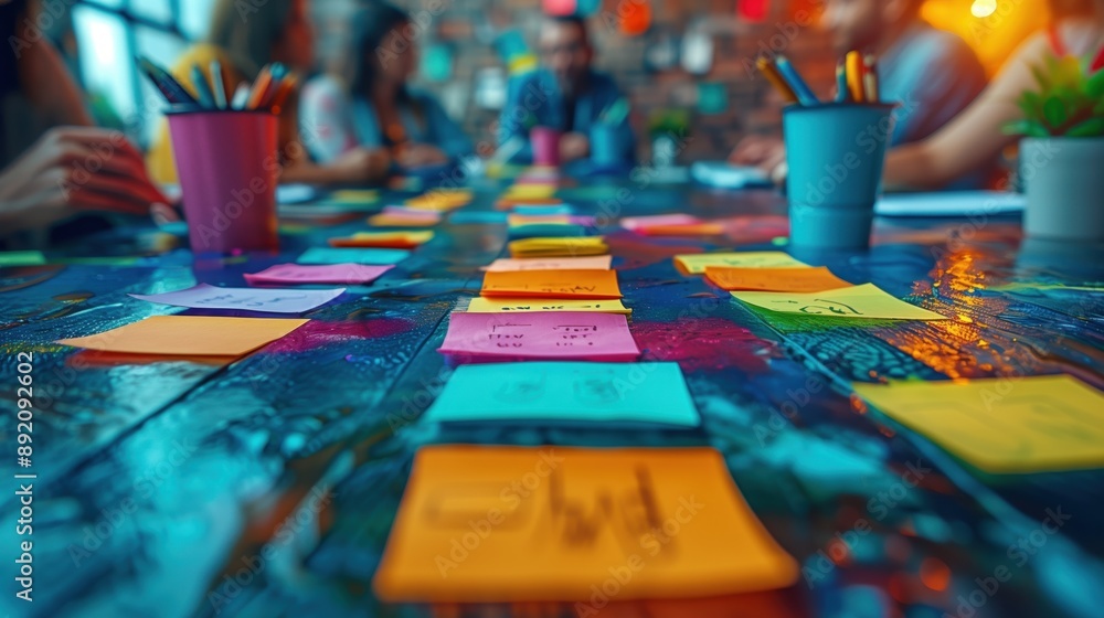 Poster collaborative brainstorming session with people around a table covered with colorful sticky notes, p