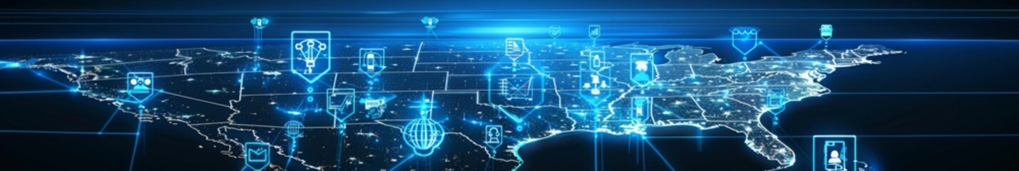 Fototapeta premium Digital Guardians: Protecting National Data Assets with a Vigilant Cybersecurity Presence on a United States Map.