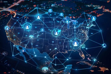 Obraz premium Digital Guardians: Protecting National Data Assets with a Vigilant Cybersecurity Presence on a United States Map.